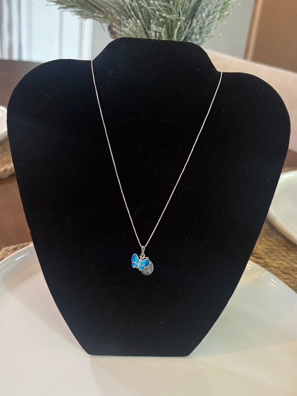 Sterling Silver Blue Enamel Butterfly Charm Necklace Ecclesiastes 3:11 Bible 18"